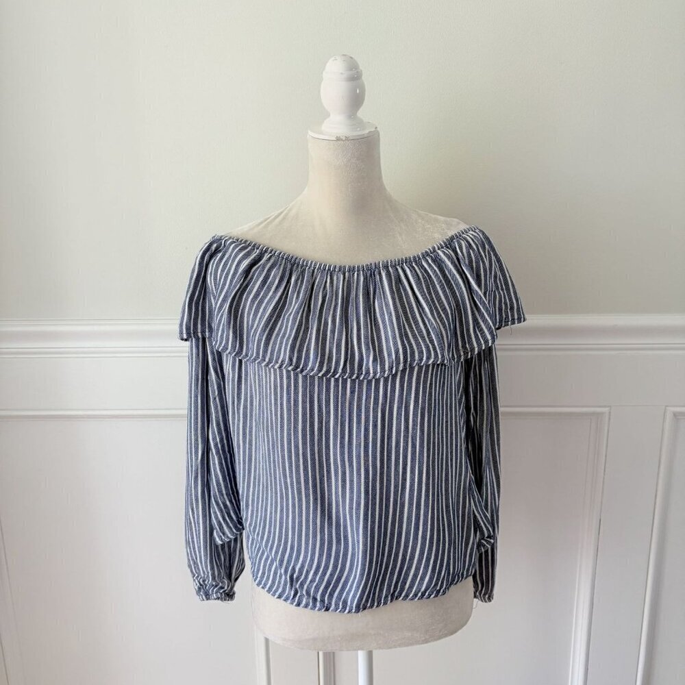 Mossimo Blue White Stripe Ruffle Off Shoulder Top L